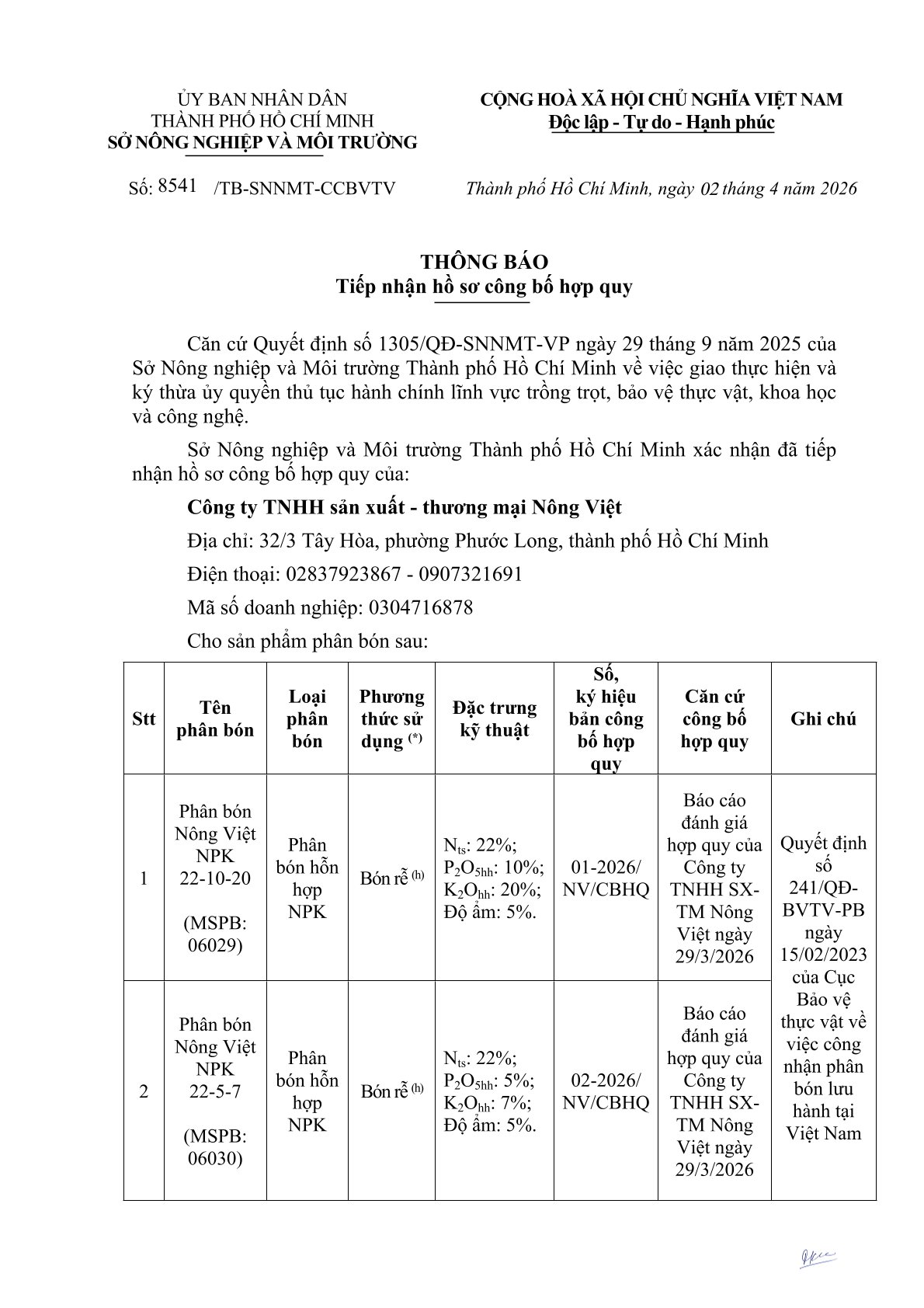 8541 2026 2029 Tiếp nhận HQ 5SP NPK 0001